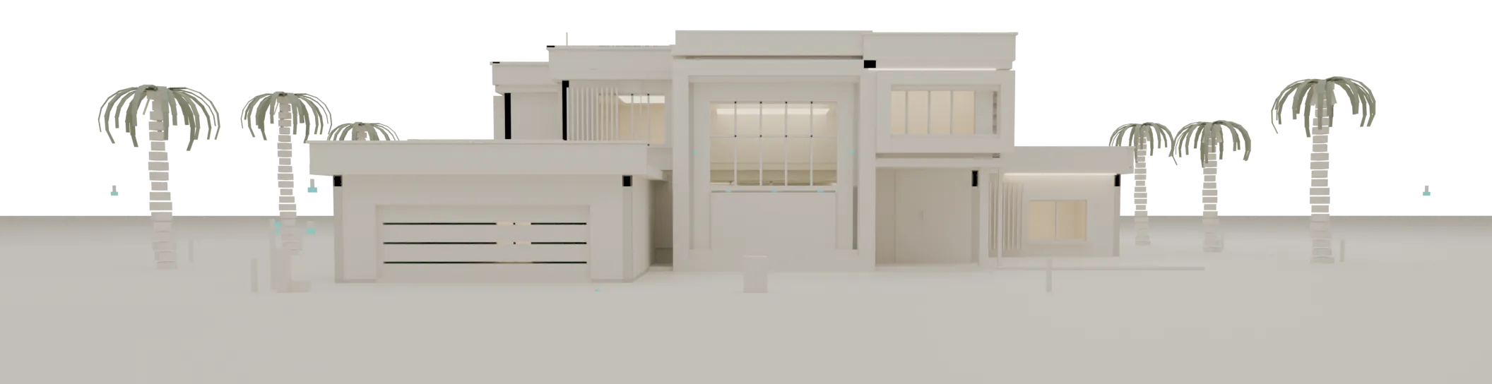 Rendered front view of a two-storey villa with lit windows, palms either side